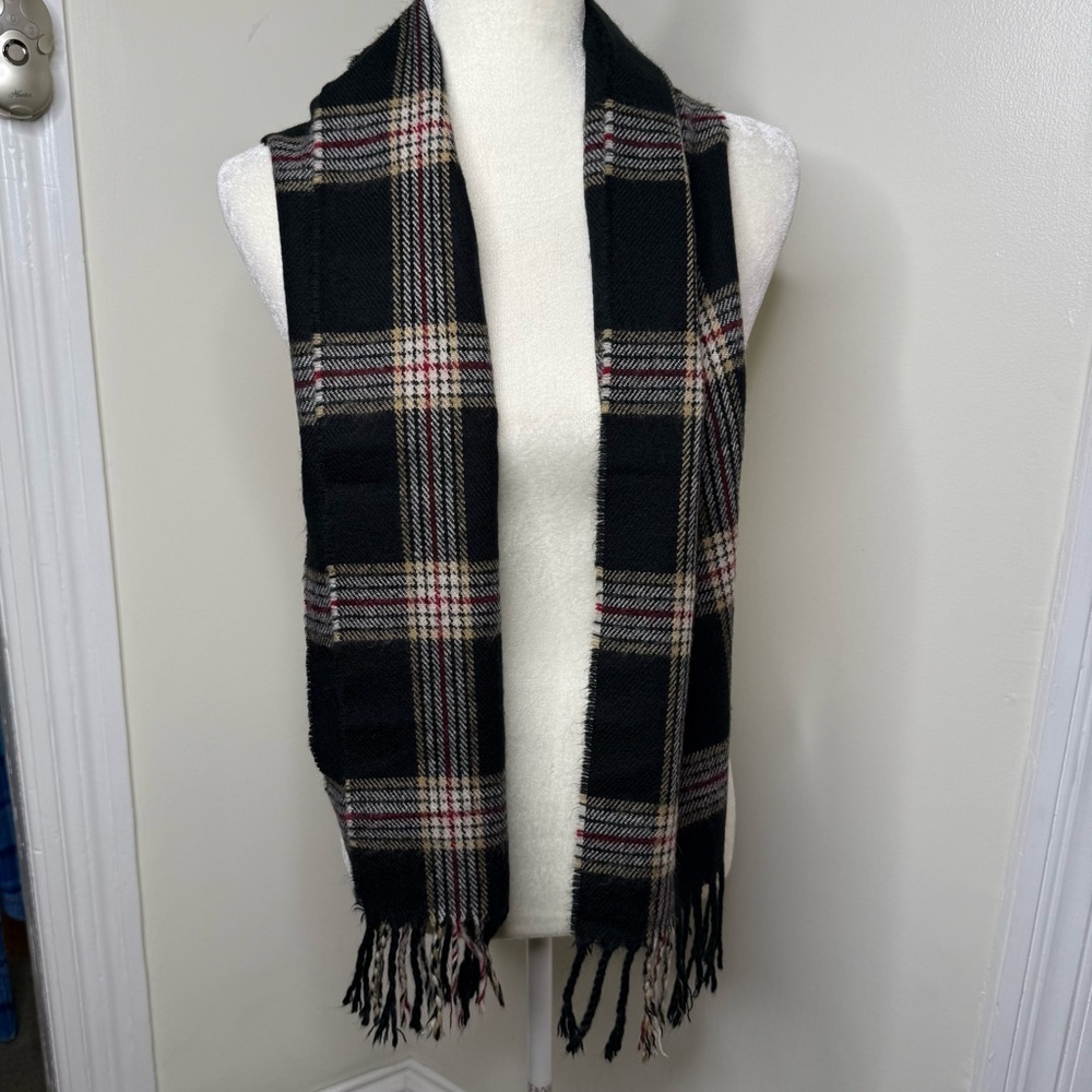 Plaid Scarf Black Red Gold White 62”x10” Fringe Unisex